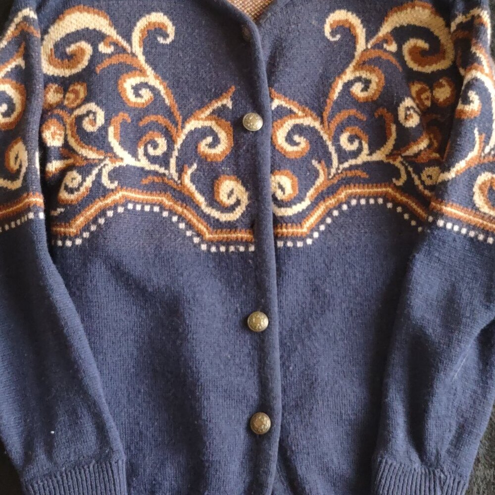 Pendleton cardigan. Navy with brown and tan trim.
